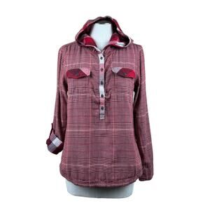 Women's PrAna Red White‎ Anja Plaid Long Sleeve Button Cuff Hooded Popover Top M